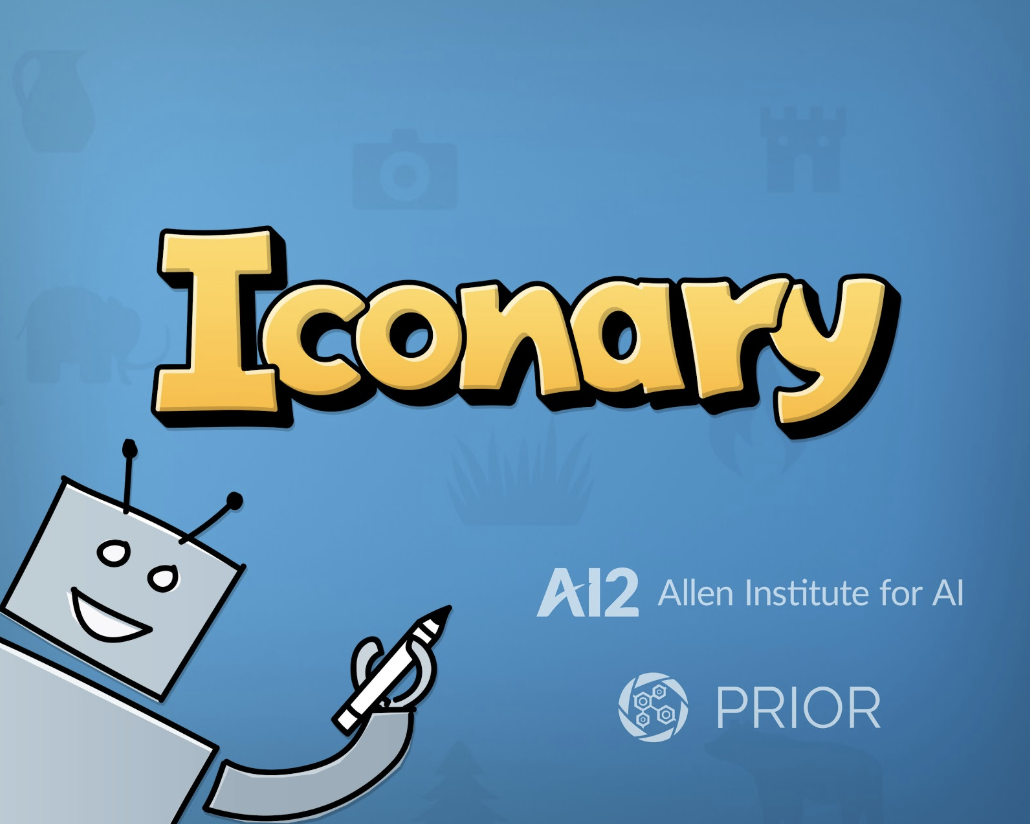 Cartoon robot drawing below the words 'Iconary'