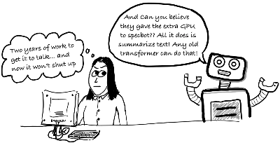 A cartoon where a robot is talking to a person on their computer.