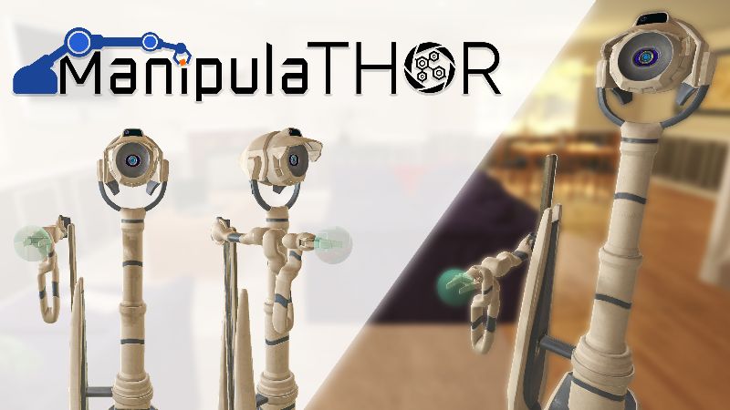 Stick-like robots with a pivoting camera and an actuator with a green bubble at the end.