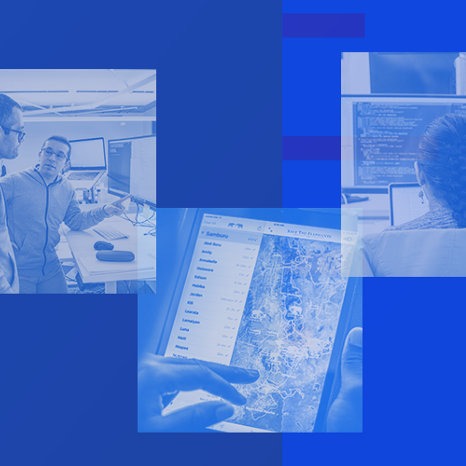 An abstract design of three square shaped light blue boxes showing monotone photographs of two men pointing at a computer, a hand touching a screen with the EarthRanger mobile app displayed, and a woman working at a computer on a vibrant darker blue background.