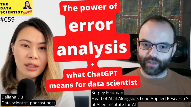 A screenshot from YouTube of Daliana Liu speaking with Sergey Feldman virtually. Daliana is sitting at a desk in front of a microphone, and Sergey is sitting in a chair. 