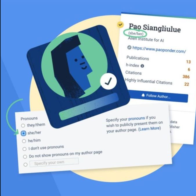 An illustration of the interface authors can use to update their pronouns on Semantic Scholar.