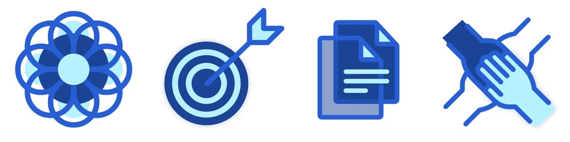 Icons representing AI2's core values of impact, accountability, transparency, and collaboration. These include an abstract flower made of roulette curves, an arrow hitting a bullseye on a target, a stack of papers, and four hands touching. 
